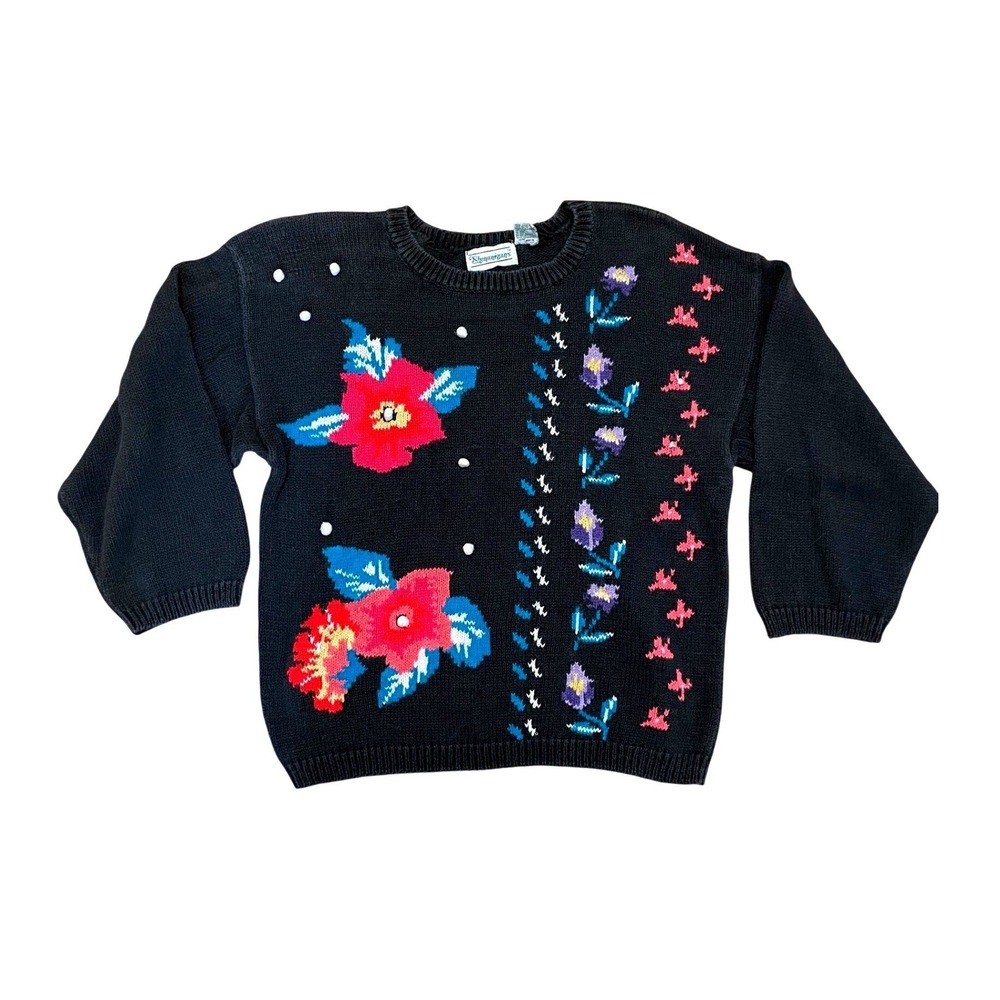 Vintage‎ Floral Knit Sweater Black Ramie Cotton Shenanigans Medium